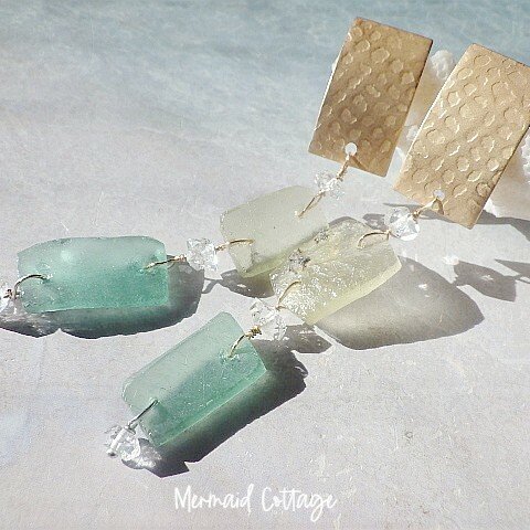 Roman-Glass & Herkimer Rectangle Earrings ☆ローマングラス☆チタン