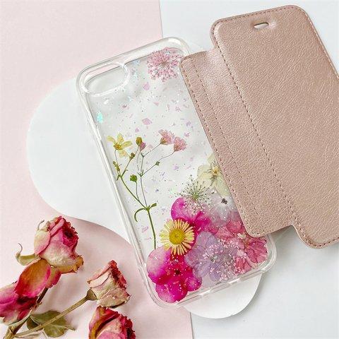 紫陽花&千鳥草押し花スマホケース、全機種対応、手帳型、四隅にショルダーホール、iPhone15、iPhone15Pro、iPhone15plus、iPhone14Pro 、GooglePixel