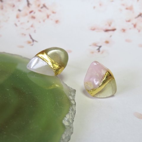 葉桜＊Pink Opal × Prehnite＊金継ぎ／pierce／L  size