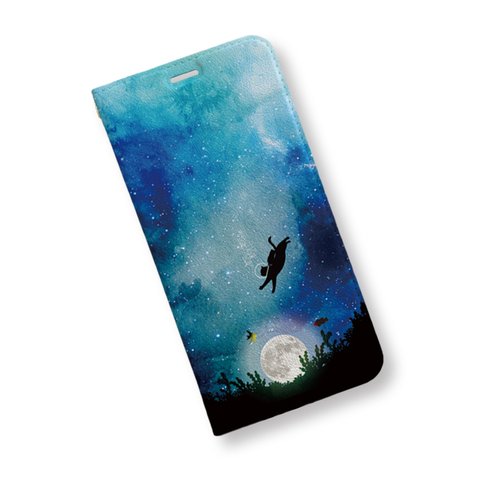 海に沈む満月と猫　帯なしハイクオリティ手帳型ケース　iPhoneケース
