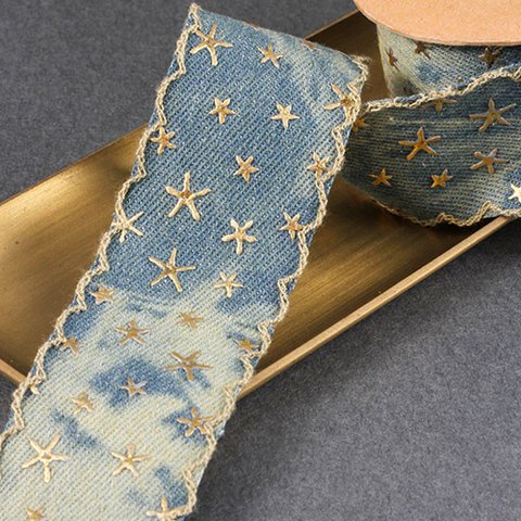 デニムファブリックリボン【 Gold foiling star / Washed Blue】40mm×50㎝