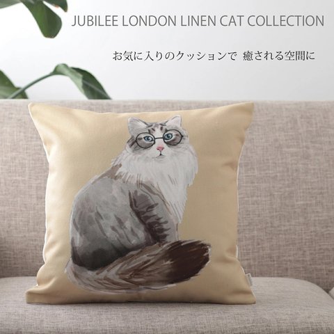 リネンナチュラルクッションカバー キャットデザイン ライトブラウン jubileecushionca008