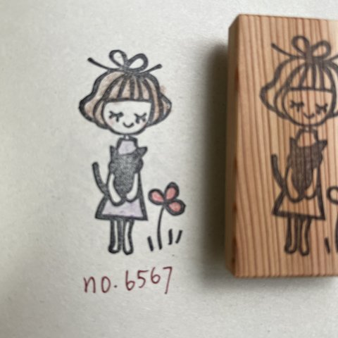 スタンプ　No. 6567クロネコを抱いた女の子とお花