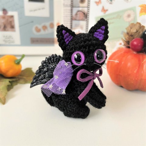 ハロウィン🎃デビル黒猫☆あみぐるみ♡キーホルダー・ストラップ・ボールチェーン