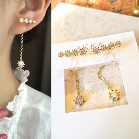 ◆タレント:もえあず様ご着用◆bijou ＆ chain long earrings  ビジューとチェーンのロングイヤリング揺れる韓国可愛いピアスウエディング