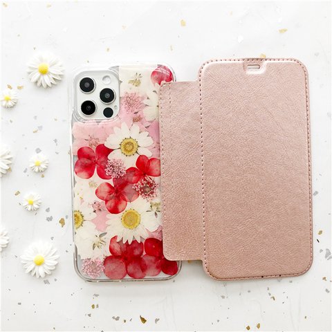 レッド系 押し花 選べる5色 手帳型スマホケース iPhoneケース iPhone15Pro/14Pro/13Pro/12Pro/SE/11Pro/XR/XS/8/7