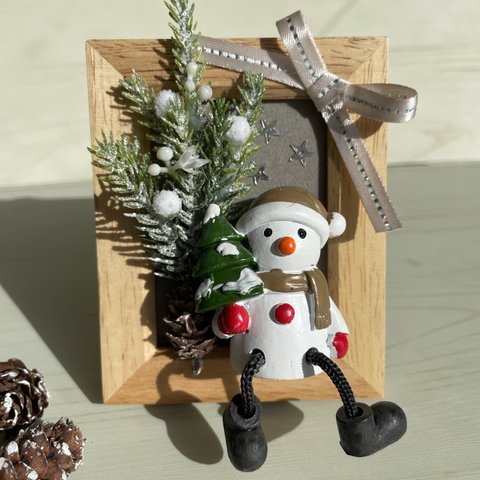 雪だるまさんフレーム　手のひらサイズ　フラワーアレンジメント　花　造花　もみの木　クリスマス　ギフト　インテリア　プレゼント　アーティフィシャルフラワー　額　フレーム　クリスマスツリー