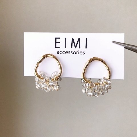 再販【EIMI】ゴールドフープ×クリアビーズ【チタンピアス★ノンホール】˚✧⁎⁺˳✧༚