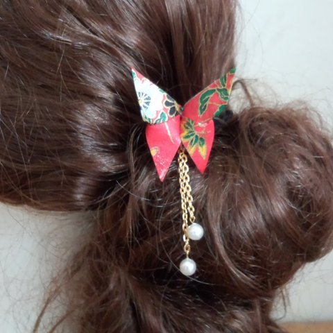 手染友禅和紙使用　おりがみパールかんざし髪飾り　赤い蝶