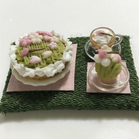 hand made ミニチュアドールハウス 桜 抹茶モンブランタルトセット
