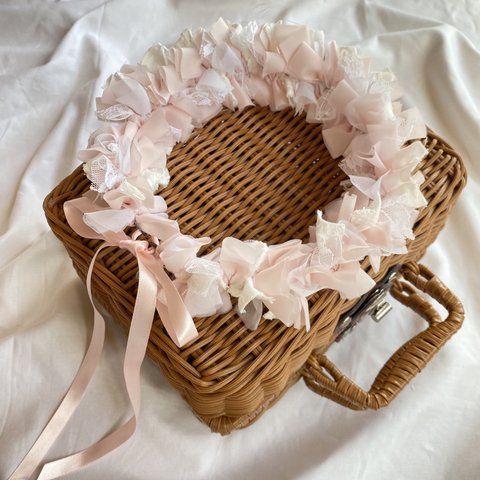 ＊pink × white＊ リボンクラウン 花かんむり 花冠 ベビークラウン 40cm 45cm 50cm