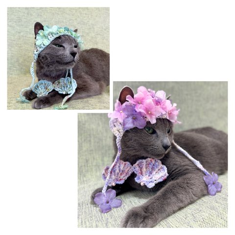 再販【猫用】レトロな紫陽花セット(帽子&貝殻ブラ)