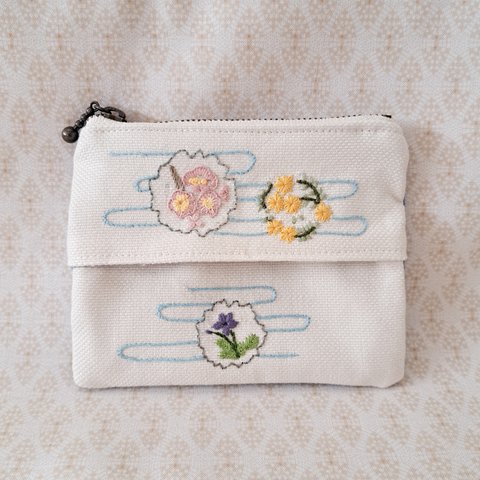 【haha-no-shisyu】刺繍のティッシュケース付きポーチ【花