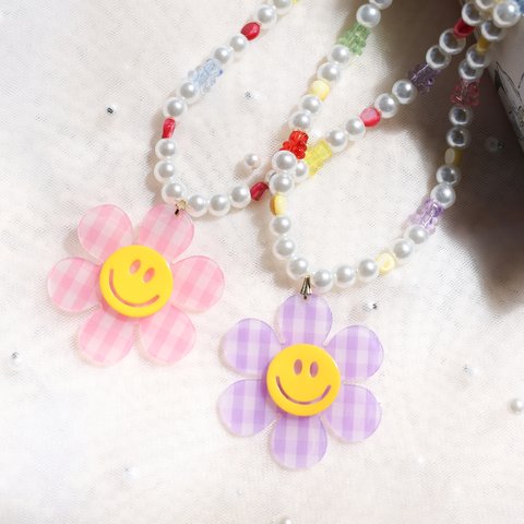 【ピンクチェックフラワー】💐⌇にこちゃんフラワーネックレス　シェル　パールビーズ💓