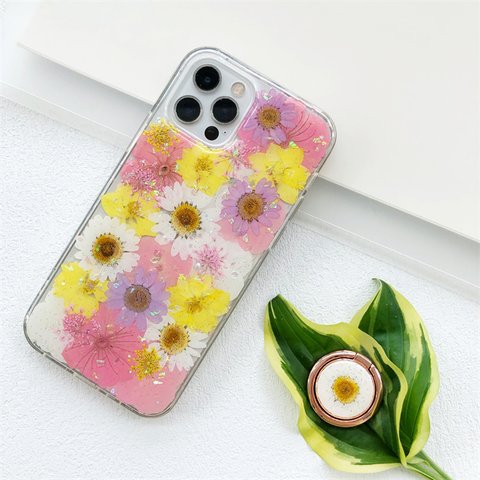 押し花スマホケース 桜 イニシャル入れ iPhoneケース スマホリング iPhone13Pro 