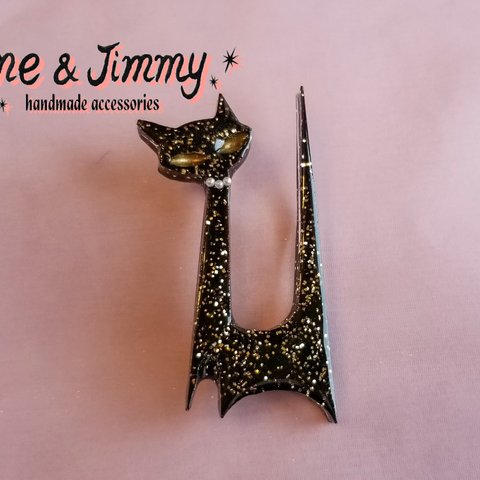 ✴Vintage Style Pearl Cat brooch✴黒猫ブローチ