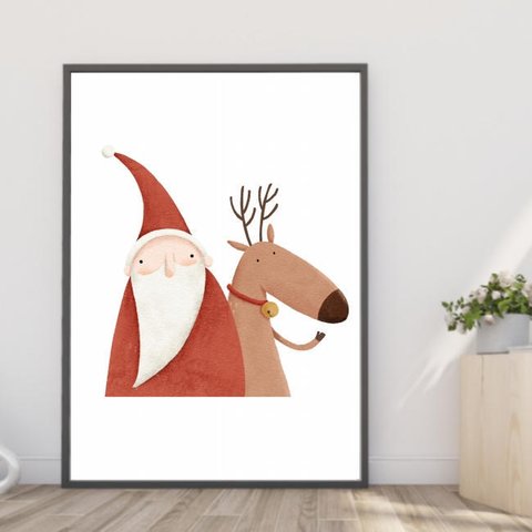 A4ポスター  【クリスマス かわいいサンタと鹿】インテリア/ヨーロッパ/サンタクロース