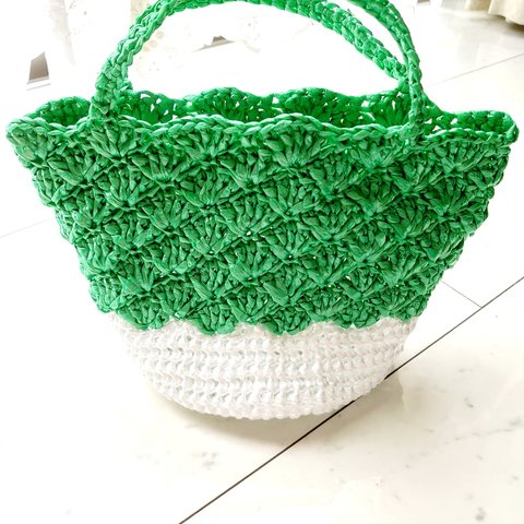 松編み ビニールバッグ スズランテープ グリーン 編み 手編み 編み物