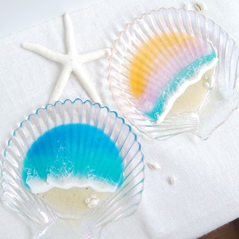 【夏季限定商品】海のオーロラシェルプレート 貝殻トレイ ガラストレイ 小物置き