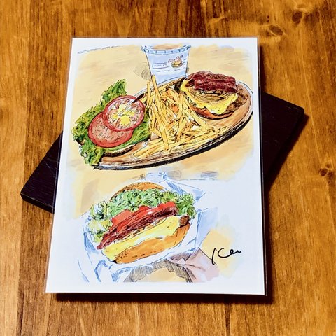 食べ物イラスト「スモークベーコン＆チーズのハンバーガーのセット」　ポストカード2枚セット