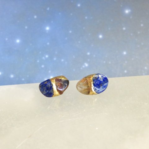 星空のひかり◆ Lapis-lazuli × Rutile quartz × Citrine／金継ぎピアス／S  size