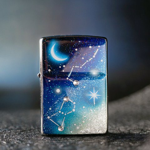 名入れ無料 手描き ZIPPO オリオン座と北斗七星　ジッポ ライター ラインストーン 箱付き　銀箔