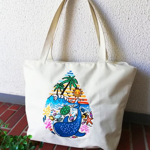 ハワイ風イラスト 刺繍トートバッグ