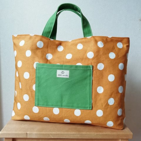 無料お名前刺繍·水玉レッスンバッグ(黄色×持ち手きみどり×ポケットきみどり)