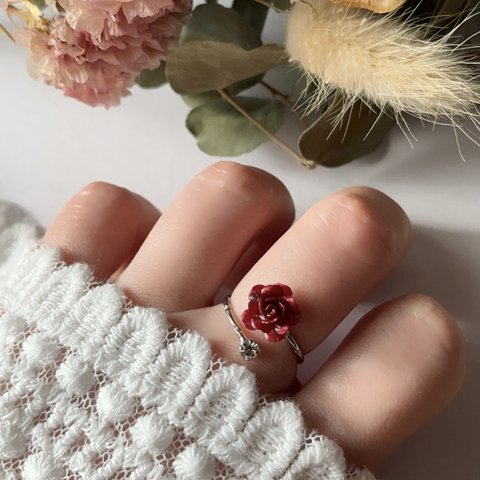 【紙ミニ薔薇】本ロジウム　フォークリング　チェコガラスストーン付き　紙　花　指輪