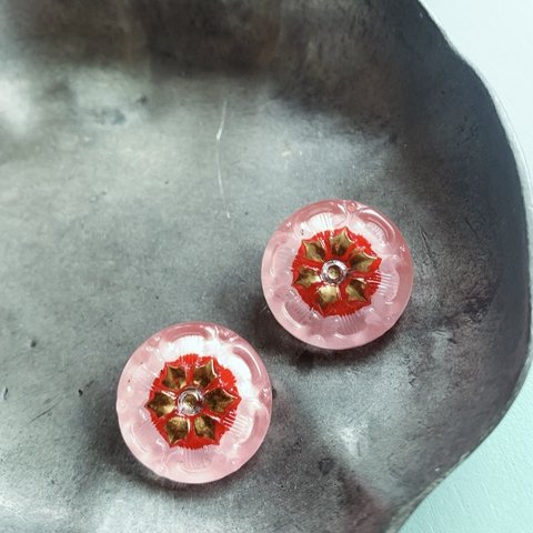 【1コずつ販売】#czechglass#czech button#チェコボタン　18㍉ flower pink red/bronze 金具タイプ