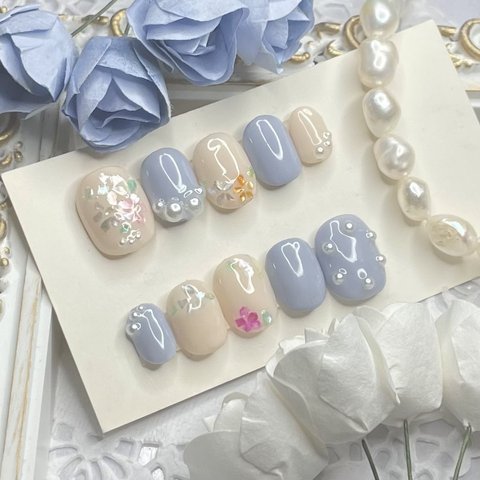 サイズオーダー♡ フラワーシェル×パールネイルチップ　ブルー　size order nail tip