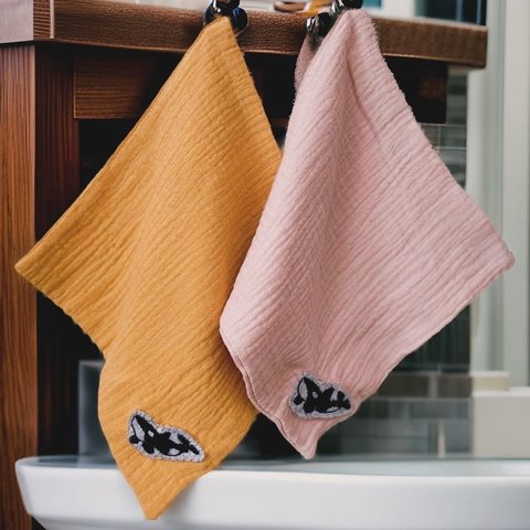 シャチの刺繍入り⭐︎ループ付きガーゼタオル2枚セット　黄色&薄桃色(新品未使用