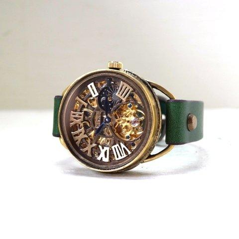 K-11　クラウン　真鍮　 スケルトン　GD/ＭＯＶ　グリーン　手作り腕時計