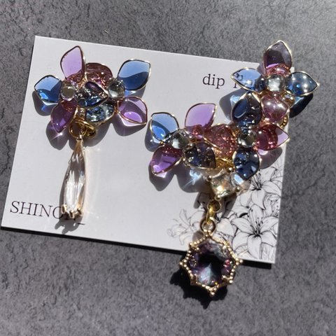 紫陽花 アシンメトリー イヤーカフ＆ピアス イヤリング セット