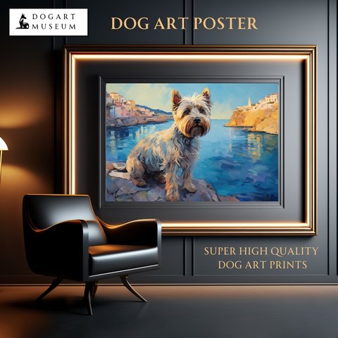 【地中海の海沿いの町 - シュナウザー犬 No.1】A2アートポスター 犬の絵 犬の絵画 犬のイラスト