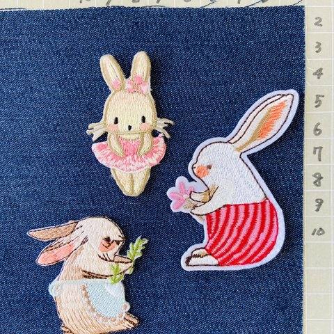 セール　3枚入うさぎ　ウサギ刺繍アイロンワッペン