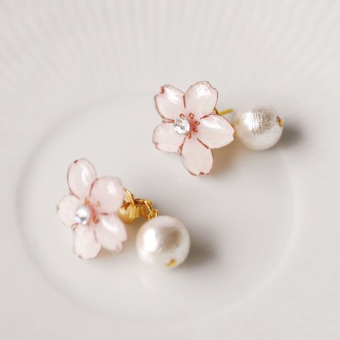 Sakura pierce｜桜とコットンパールのイヤリング・ピアス