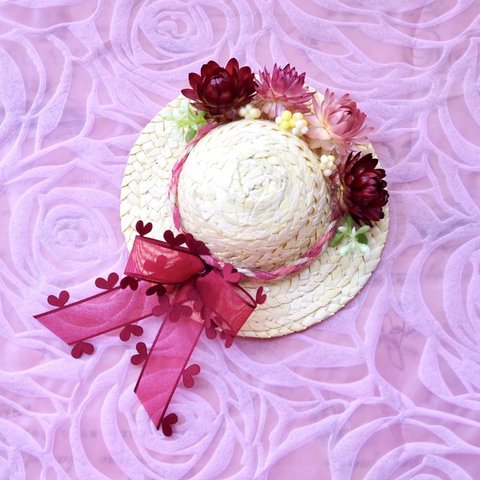 ≪ミニ麦わら帽子≫ピンク(10cm) 小さくて可愛い♡お花たっぷり ぬい撮りにも フラワーアレンジメント