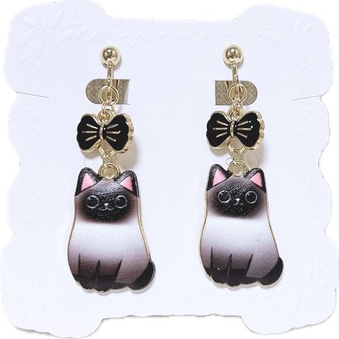 黒　リボン x ねこ　ピアス♡イヤリング