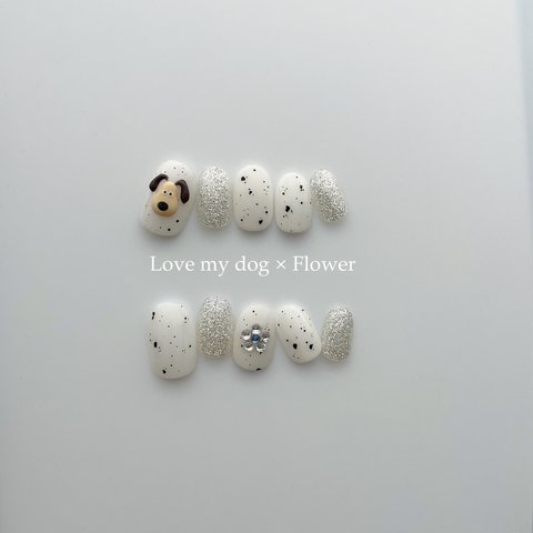 #20 【 size order 】nail tip - LOVE MY DOG × Flower 🐕🌼 落書きネイル 色鉛筆ネイル お花