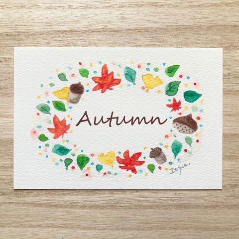 🍁透明水彩画「秋のリースII 」イラストポストカード2枚セット  紅葉 きのこ 栗　秋の味覚🌰