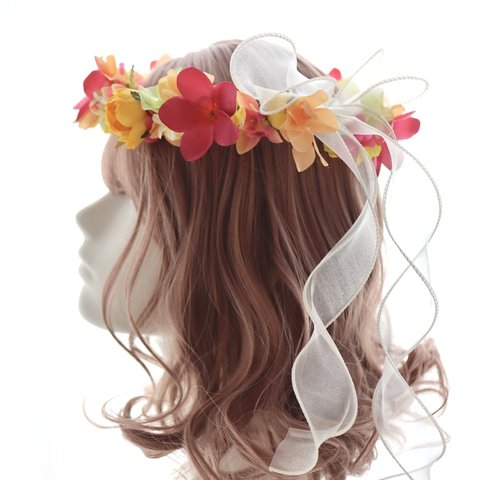 花冠　花かんむり　カラフル　ピンク　イエロー　プルメリア　結婚式　ブライダル　ウェディング　髪飾り　ヘッドドレス