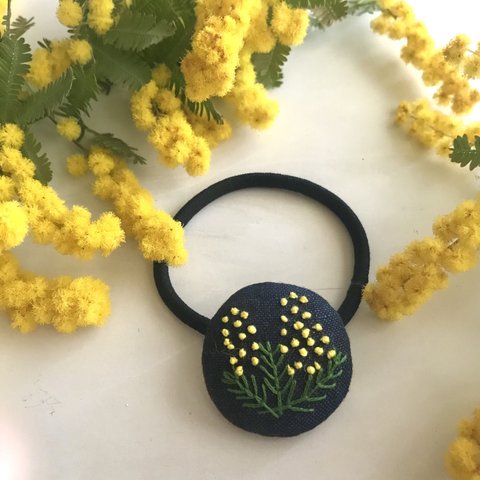 mimosa_刺繍ヘアゴム_麻紺