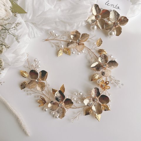 botanical くすみゴールドヘッドドレス pierce/earring set