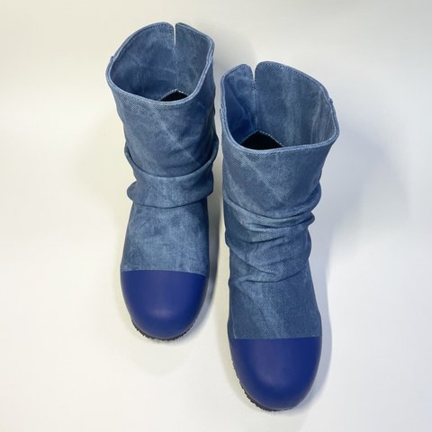 2WAYインヒールショート丈ブーツ (インディゴデニム調合皮 x ネイビー) Mサイズ 23.0cm〜23.5cm