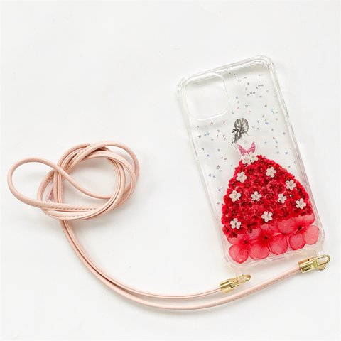 赤いドレス スマホショルダー 押し花ケース iPhone14Pro/SE/ 13 斜め掛け ストラップスマホケース