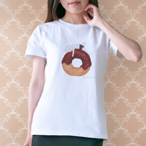 【Lサイズ】チョコがけドーナツとネコぱんのTシャツ ホワイト 白 レディース【短期発送】