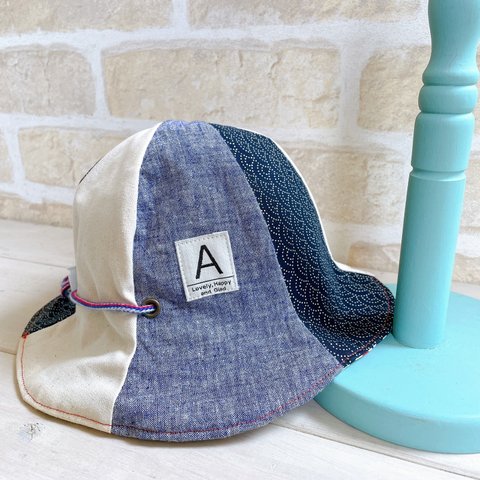 47〜52cm 2way キッズ帽子canvas【Japanese pattern × modern】navyリバーシブル　KIDS HAT