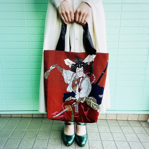 【送料無料】歌舞伎トートバッグ  和柄 赤【一点物】