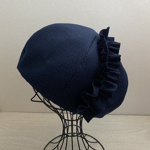 TOPI  着物リメイクのフリルベレー帽（紺）